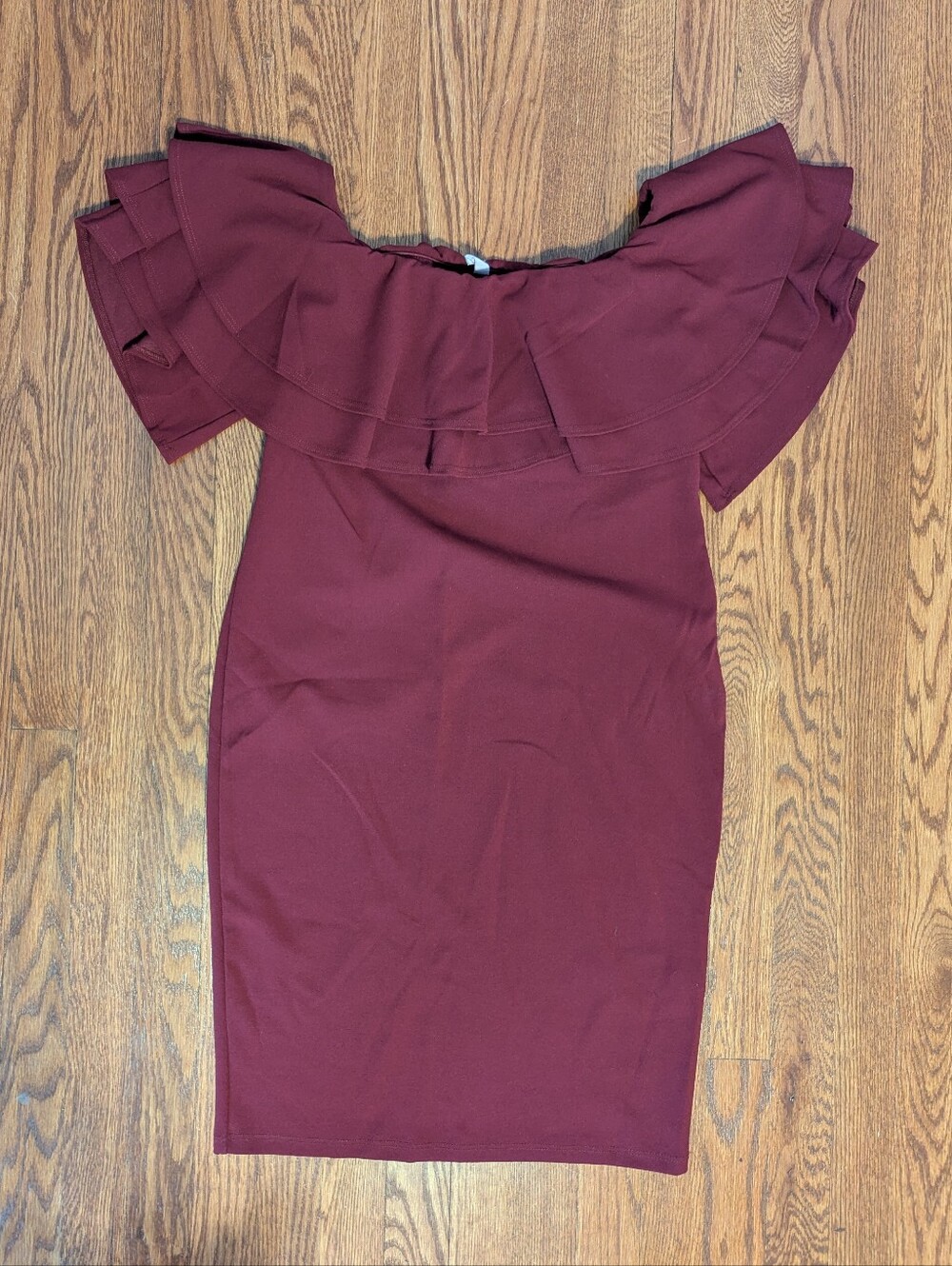 PinkBlush Maternity Off-Shoulder Ruffle Bodycon Dress in Burgundy Size Medium
